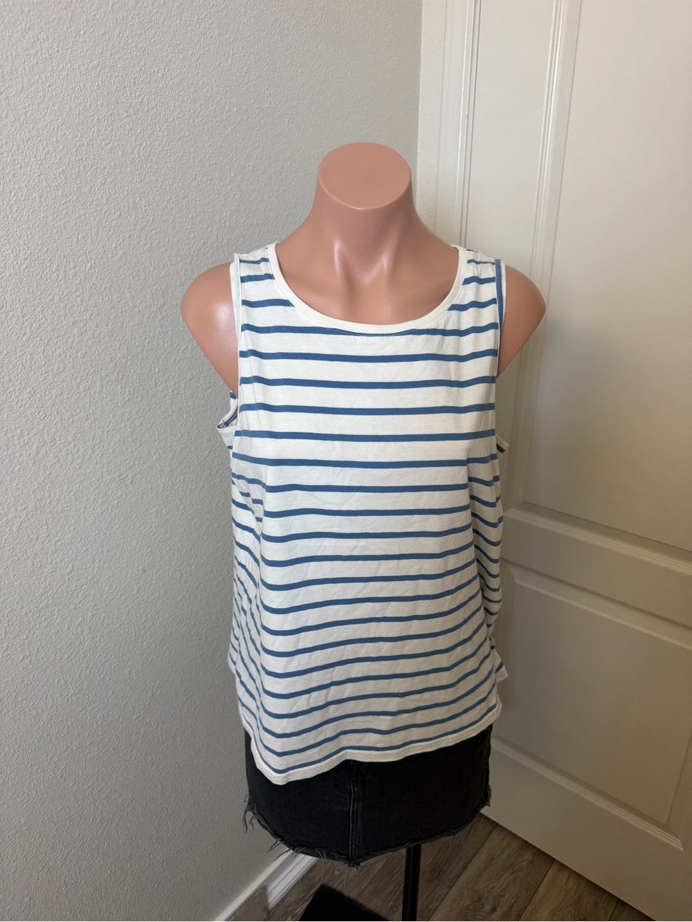 Pact White Tank Top with Blue Stripes